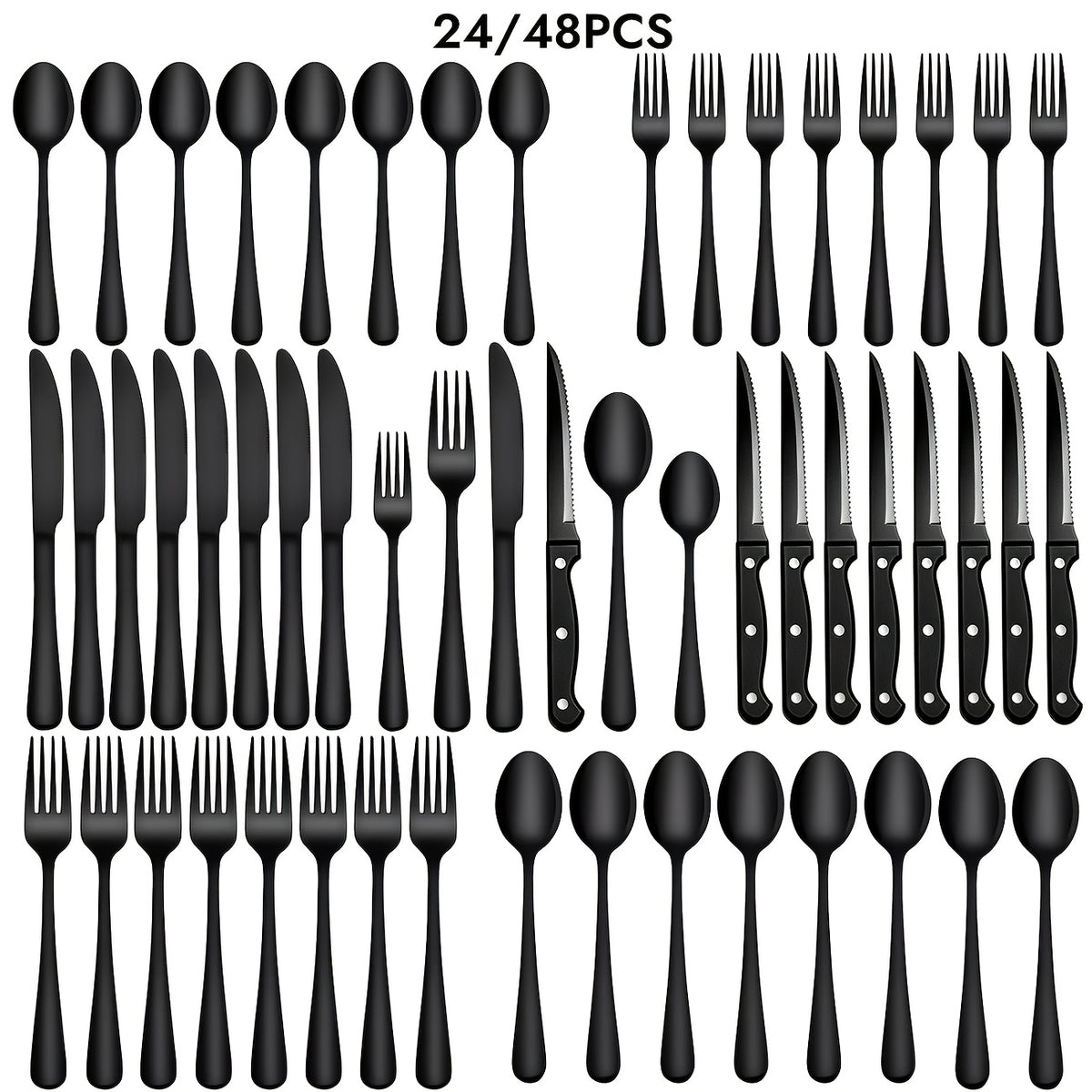 Stainless Steel Silverware Set with Steak Knives 24 or 48 Piece – Mirror Polished Flatware Set Dishwasher Safe for 4 or 8 Silver Black