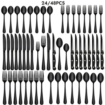 Stainless Steel Silverware Set with Steak Knives 24 or 48 Piece – Mirror Polished Flatware Set Dishwasher Safe for 4 or 8 Silver Black