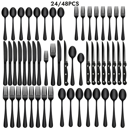Stainless Steel Silverware Set with Steak Knives 24 or 48 Piece – Mirror Polished Flatware Set Dishwasher Safe for 4 or 8 Silver Black