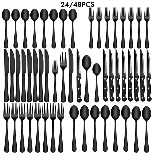 Stainless Steel Silverware Set with Steak Knives 24 or 48 Piece – Mirror Polished Flatware Set Dishwasher Safe for 4 or 8 Silver Black