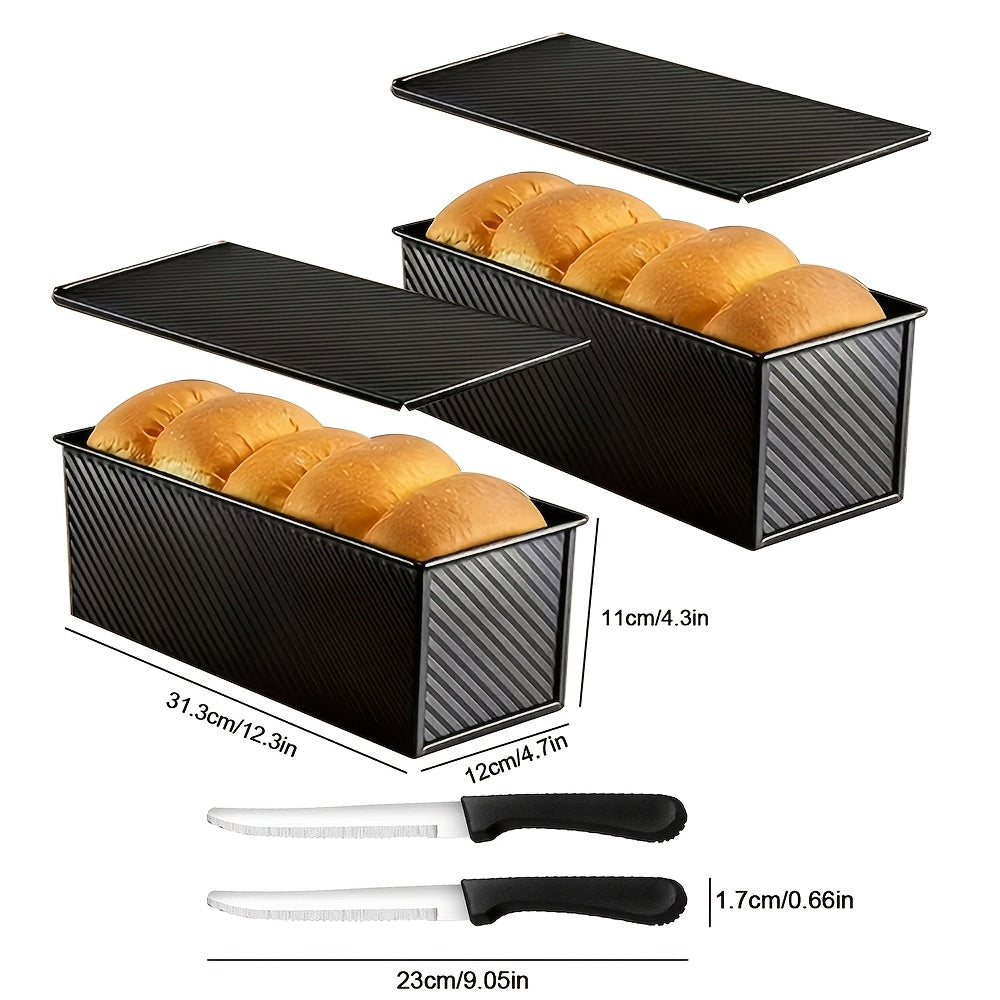 Pullman Loaf Pan with Lid Extra Large 12.3x4.7x4.3 Inch – Sandwich Bread Pan with Vent Holes & Bread Knife, Non-Stick Baking Pan for Square Loaf, 1 or 2 Pack, Gold & Black