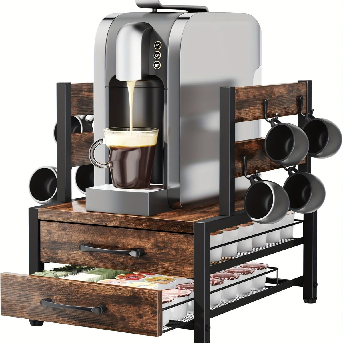 Coffee Pod Holder and Mug Rack Countertop Organizer – K-Cup Capsule Storage Rack with Coffee Machine Stand, 70 Capacity Drawer Organizer, Rustic Brown, Single or Double Tier