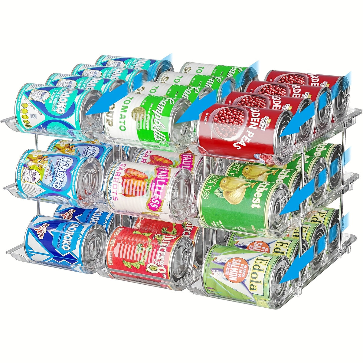 Pantry Can Storage Rack Holds 36 Cans – 3-Tier Auto-Rolling Stackable Can Organizer in Transparent PET for Soda, Soup & Vegetable Cans, Tool-Free Assembly for Kitchen, Pantry, Garage & Dorm