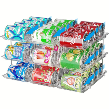 Pantry Can Storage Rack Holds 36 Cans – 3-Tier Auto-Rolling Stackable Can Organizer in Transparent PET for Soda, Soup & Vegetable Cans, Tool-Free Assembly for Kitchen, Pantry, Garage & Dorm