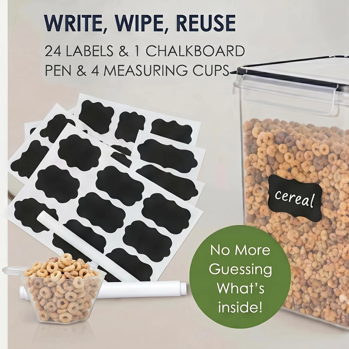 Food Storage Containers Set of 4 - Large 5.2L Airtight BPA-Free Plastic Canisters for Flour Sugar Rice Baking Supplies, Stackable Pantry Organizer with Lids Measuring Cups & Labels