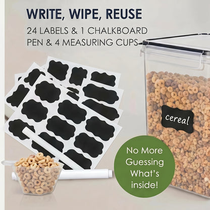 Food Storage Containers Set of 4 - Large 5.2L Airtight BPA-Free Plastic Canisters for Flour Sugar Rice Baking Supplies, Stackable Pantry Organizer with Lids Measuring Cups & Labels