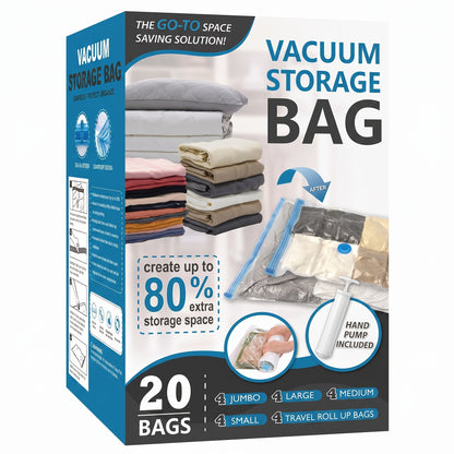 Vacuum Storage Bags for Clothes – Jumbo Space Saver Bags for Comforters Blankets Pillows Bedding, Extra Thick Travel Compression Bags with Hand Pump, 4 8 10 12 20 30 Pack
