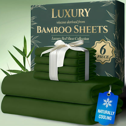 Bamboo Cooling Bed Sheets 6 Piece Set - 17 Inch Deep Pocket Fitted Sheet for Hot Sleepers, Cloud-Soft Luxury Flat Sheet & Pillowcases, Twin Full Queen King, Breathable Hypoallergenic Bedroom Bedding