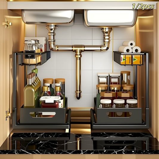 Under Sink Organizer 2-Tier Pull-Out Cabinet Storage with Metal Sliding Drawers – Kitchen Bathroom Countertop Tabletop Organizer Rack, Space-Saving Push-Pull Shelf for Kitchen Accessories, 1 or 2 Pack