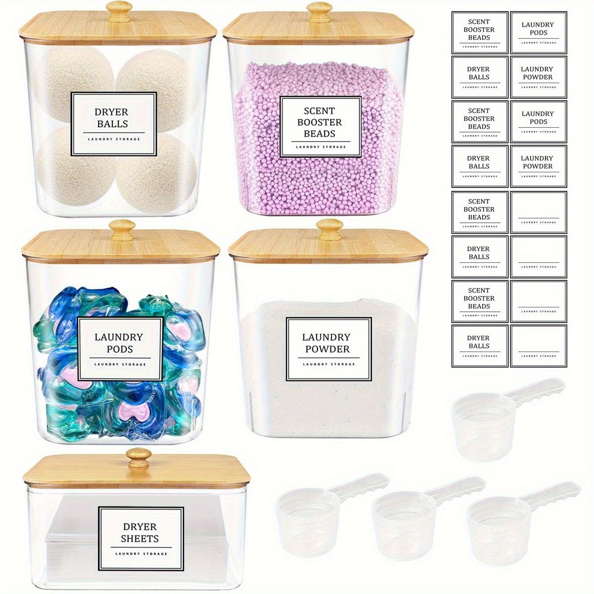 Laundry Pods Container Set with Bamboo Lid, Dryer Sheet Holder & Labels – Clear Laundry Room Organization Canisters for Scent Booster, Powder & Detergent Pods, 2/3/4-Pack