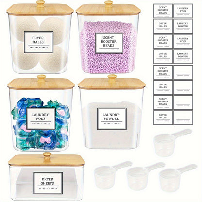 Laundry Pods Container Set with Bamboo Lid, Dryer Sheet Holder & Labels – Clear Laundry Room Organization Canisters for Scent Booster, Powder & Detergent Pods, 2/3/4-Pack