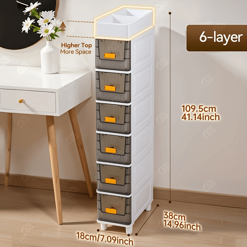 Slim Storage Cabinet with Drawers 3 4 5 6 Tier, Waterproof PP Plastic Drawer Organizer Unit for Bathroom Kitchen Bedroom, Narrow Rolling Storage Cart with Wheels for Small Spaces