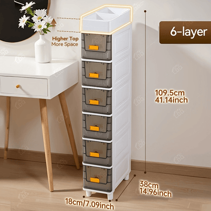 Slim Storage Cabinet with Drawers 3 4 5 6 Tier, Waterproof PP Plastic Drawer Organizer Unit for Bathroom Kitchen Bedroom, Narrow Rolling Storage Cart with Wheels for Small Spaces