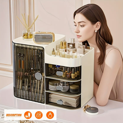 Makeup Storage Box with 3 Drawers & Mirror, High-Capacity Cosmetic Organizer Cabinet for Bathroom Vanity, Contact Lens Display Case Skincare Storage Box for Home Bathroom, Beige