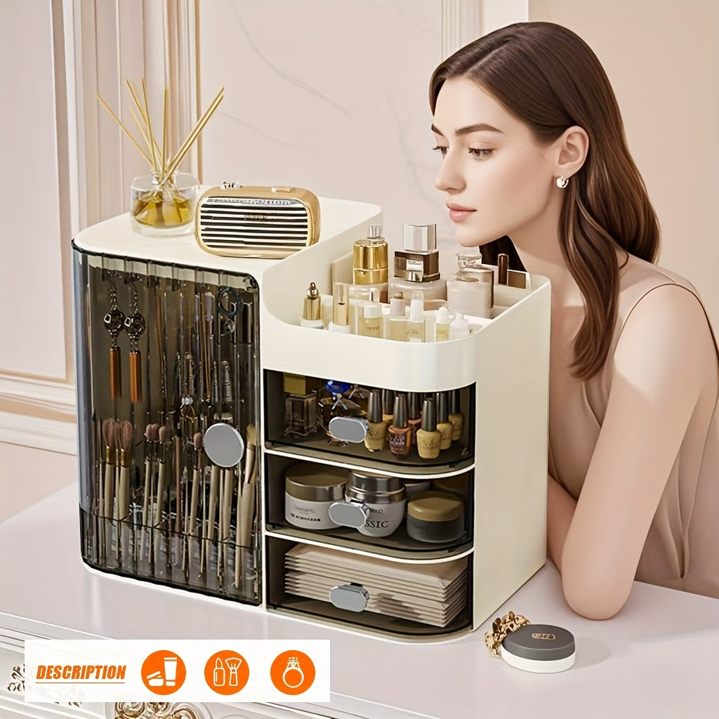 Makeup Storage Box with 3 Drawers & Mirror, High-Capacity Cosmetic Organizer Cabinet for Bathroom Vanity, Contact Lens Display Case Skincare Storage Box for Home Bathroom, Beige