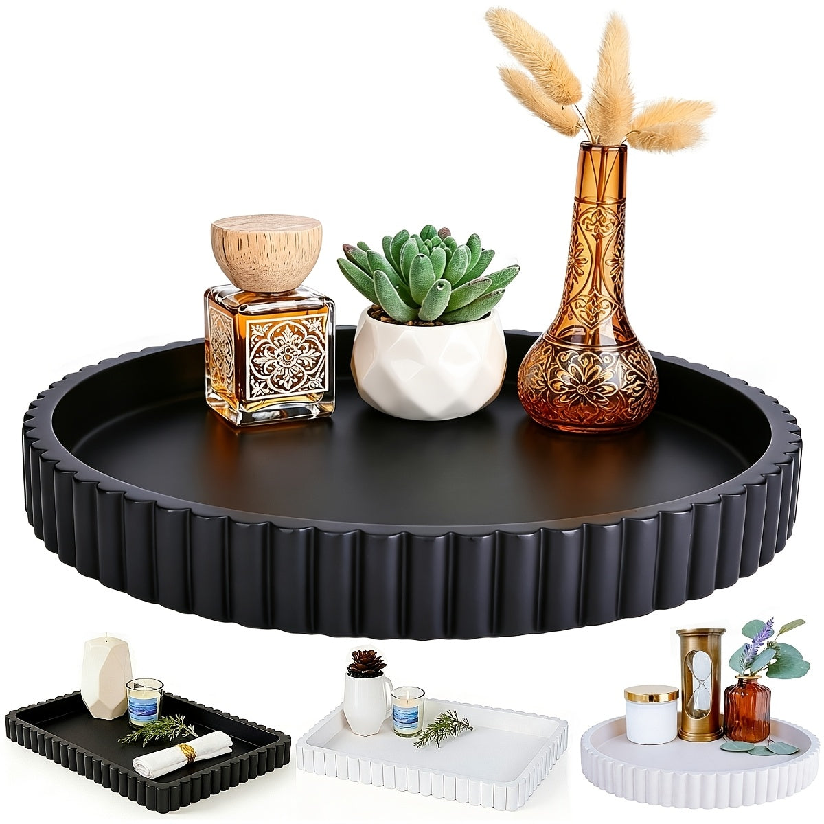 Decorative Wood Tray for Coffee Table & Living Room – 11" Round Fluted Serving Tray, Ottoman Centerpiece, Jewelry Organizer, Home Decor Gift