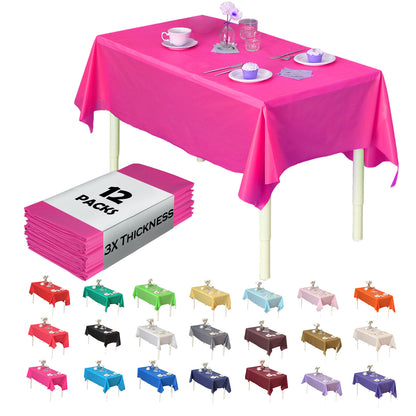 Disposable Plastic Tablecloth 12-Pack – Heavy Duty Table Cover for Parties, 84" Round & 54"x108" Rectangle, 22 Colors for Kitchen Dining Outdoor Events