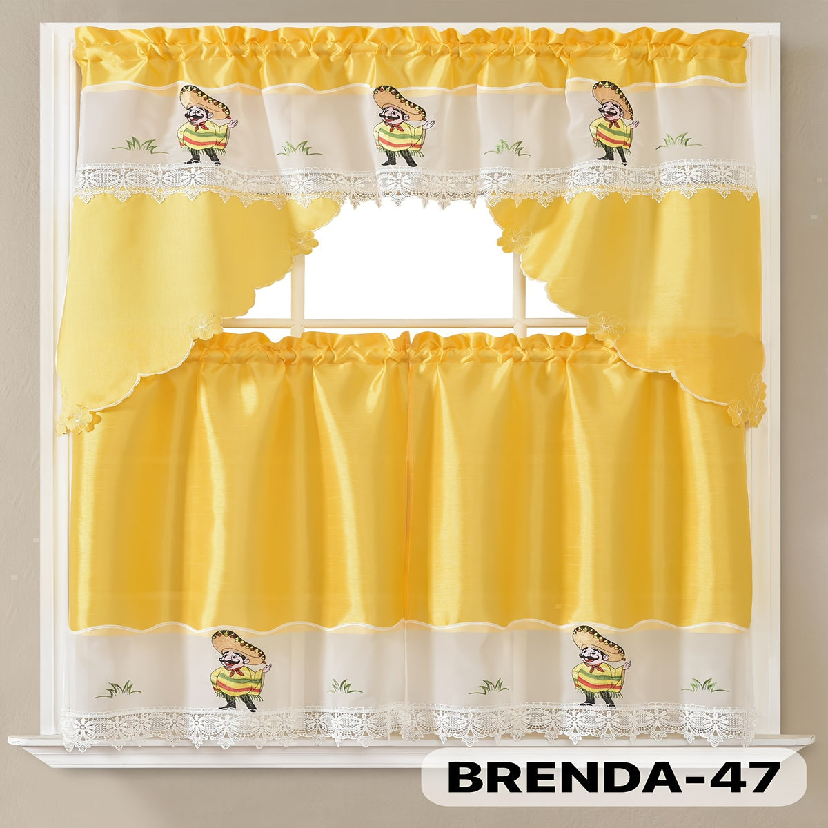 Kitchen Curtains Set 3 Piece with Embroidery – Satin Fabric Valance and Tier Curtains for Kitchen Windows, 49 Colors, Light Filtering, Rod Pocket, Machine Washable