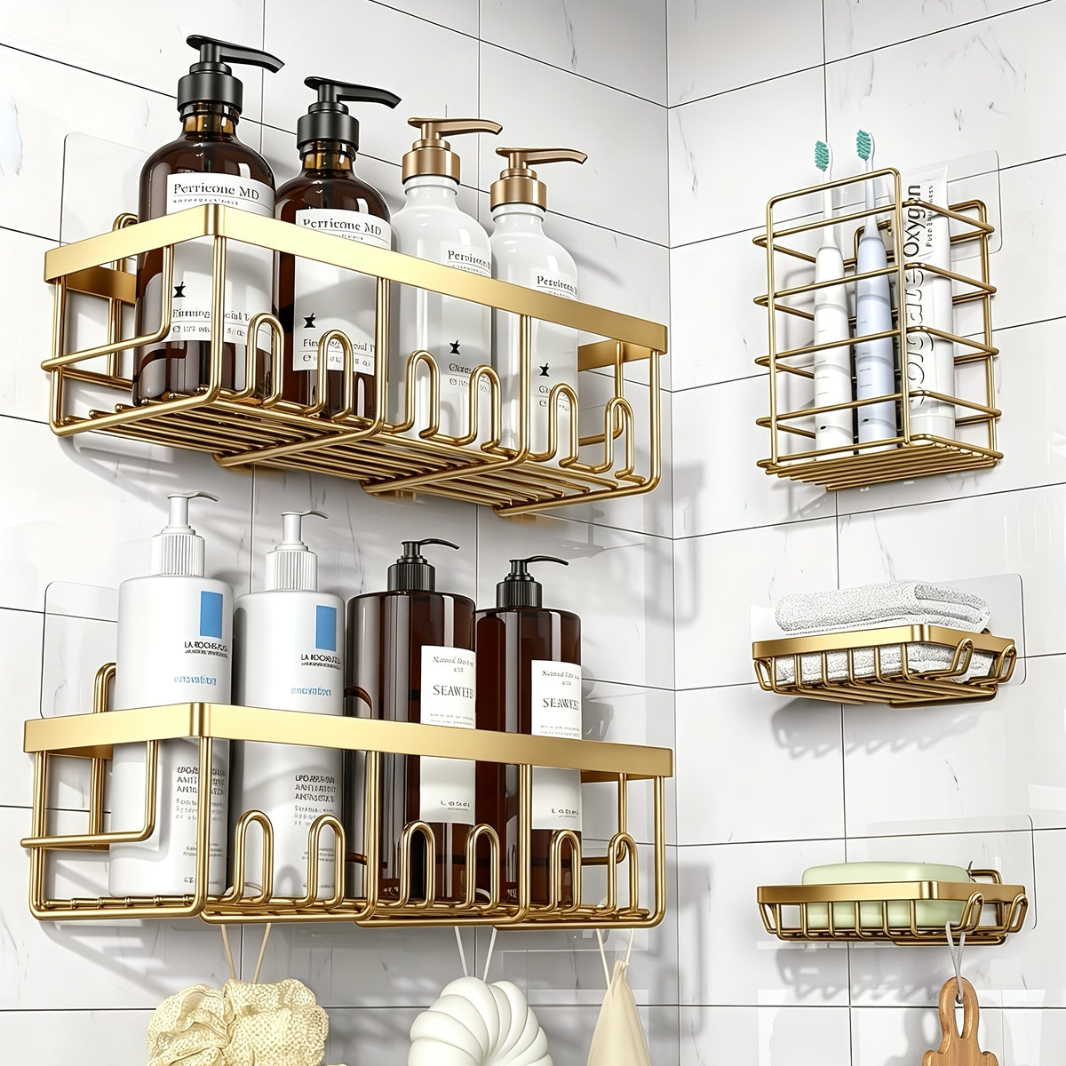 5-Pack Adhesive Shower Caddy Organizer – No Drilling Rustproof Stainless Steel Shower Shelves with Soap Holder, Wall Mounted Bathroom Storage Rack for Renters Family Apartment, Random Colors