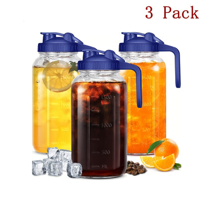 Mason Jar with Handle and Lid 64oz, 2/3 Pack BPA-Free Borosilicate Glass Jar with Lid, Leak-Proof Wide Mouth Beverage Carafe for Water Juice Smoothie, Sports Outdoor Kitchen Gift, Pink Black Blue