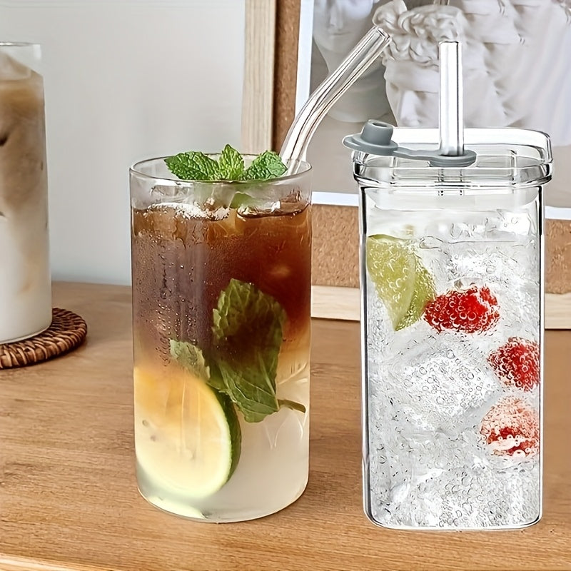 Borosilicate Glass Cups with Lid and Straw 4/6 Pack – Square Korean Style Drinking Glasses, BPA Free Leak Proof Transparent Tumblers for Coffee Juice Water, Multipurpose Kitchen Glassware Gift Set