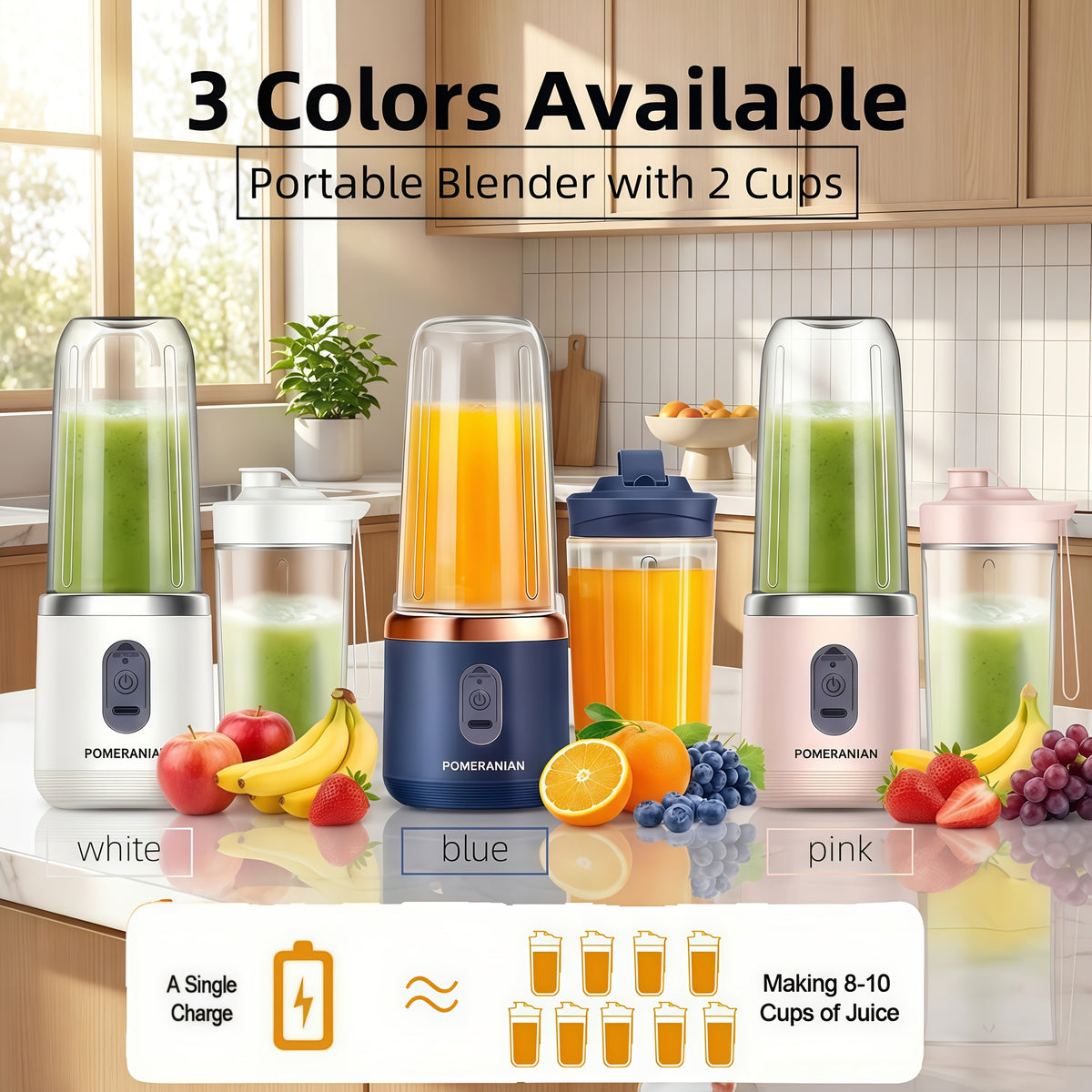 Portable Blender Juicer Double Cup USB Rechargeable 1500mAh, Personal Mini Blender for Fruit & Vegetable Smoothies, Food Grade ABS, Compact Travel Juicer with Gift Box – Pink, Blue or White