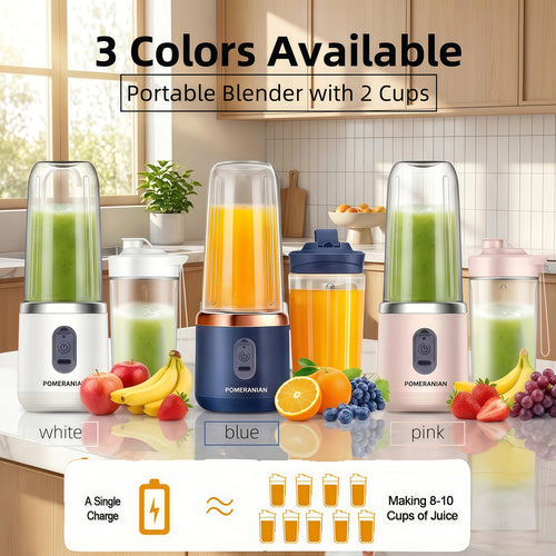 Portable Blender Juicer Double Cup USB Rechargeable 1500mAh, Personal Mini Blender for Fruit & Vegetable Smoothies, Food Grade ABS, Compact Travel Juicer with Gift Box – Pink, Blue or White