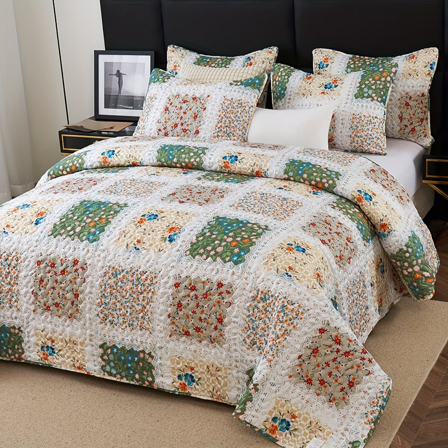 Floral Quilt Set 2 3 Piece Twin Full Queen King Lightweight Patchwork Coverlet Bedding Set Soft Cozy Boho Comforter with Pillow Shams Green Blue Pink Plaid Spring Summer Year Round