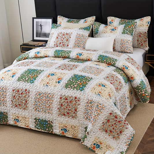 Floral Quilt Set 2 3 Piece Twin Full Queen King Lightweight Patchwork Coverlet Bedding Set Soft Cozy Boho Comforter with Pillow Shams Green Blue Pink Plaid Spring Summer Year Round