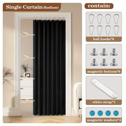 Waterproof Foldable Door Curtain No Rod Required - Privacy Partition Curtain with Hook Attachment for Bathroom Bedroom Living Room All Season Indoor Use, Easy Install Space Divider