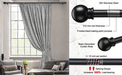 Curtain Rods 2 Pack Matte Black Adjustable 28-95 Inch 5/8 Inch Diameter Extra Long Window Curtain Rod for Living Room Bedroom Bathroom Kitchen