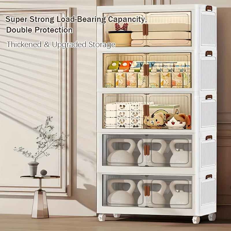 Stackable Storage Locker with Doors and Wheels - Collapsible Plastic Cabinet 1-5 Layers Large Capacity Home Organization for Bedroom Living Room Kitchen