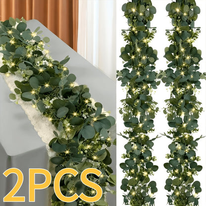 Lighted Eucalyptus Wreath 2-Pack 6FT Artificial Green Vine with LED Lights - Faux Eucalyptus Garland for Table Runner Wedding Centerpiece Backdrop Wall Decor Party Home Decoration Warm White