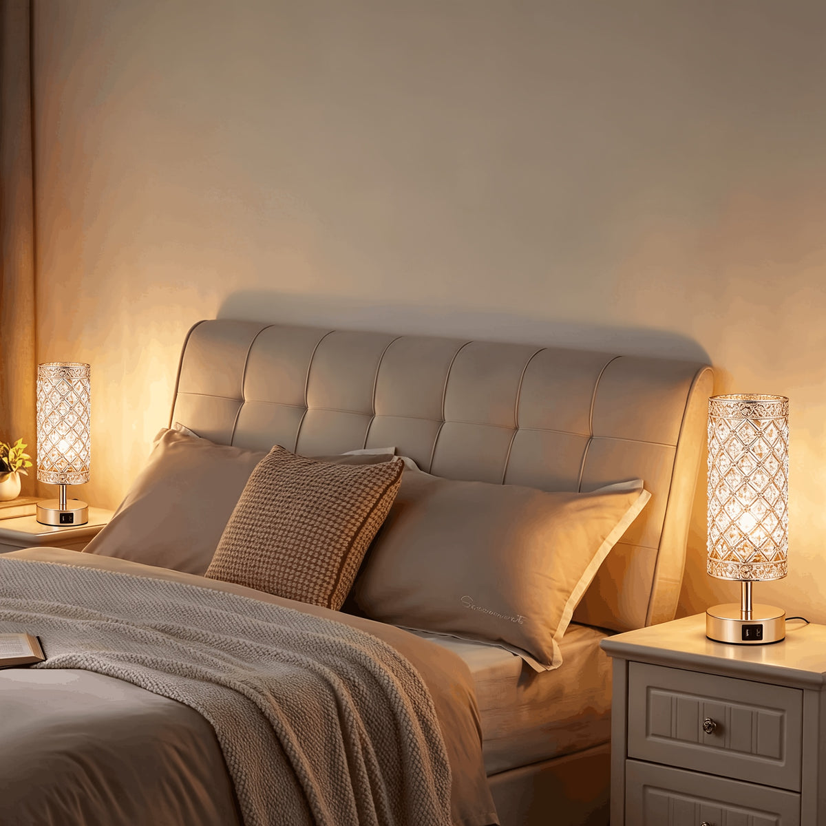 Crystal Table Lamp with Touch Control & 2 USB Ports – 3-Way Dimmable Bedside Nightstand Light for Bedroom, Living Room & Office, LED Bulb Included