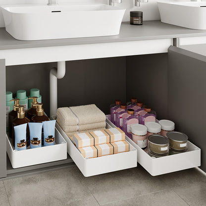 Slide-Out Cabinet Organizer 2 Pack, No-Drill Pull Out Shelf for Kitchen Pantry Bathroom, Retractable Under Sink Storage Rack, Removable Sliding Bin Drawer Organizer for Cabinets