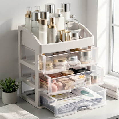 4-Layer Cosmetic Storage Organizer with 3 Pull-Out Drawers Large Capacity Skincare Makeup Desktop Rack No Assembly Bathroom Bedroom Vanity Organizer Gift for Women