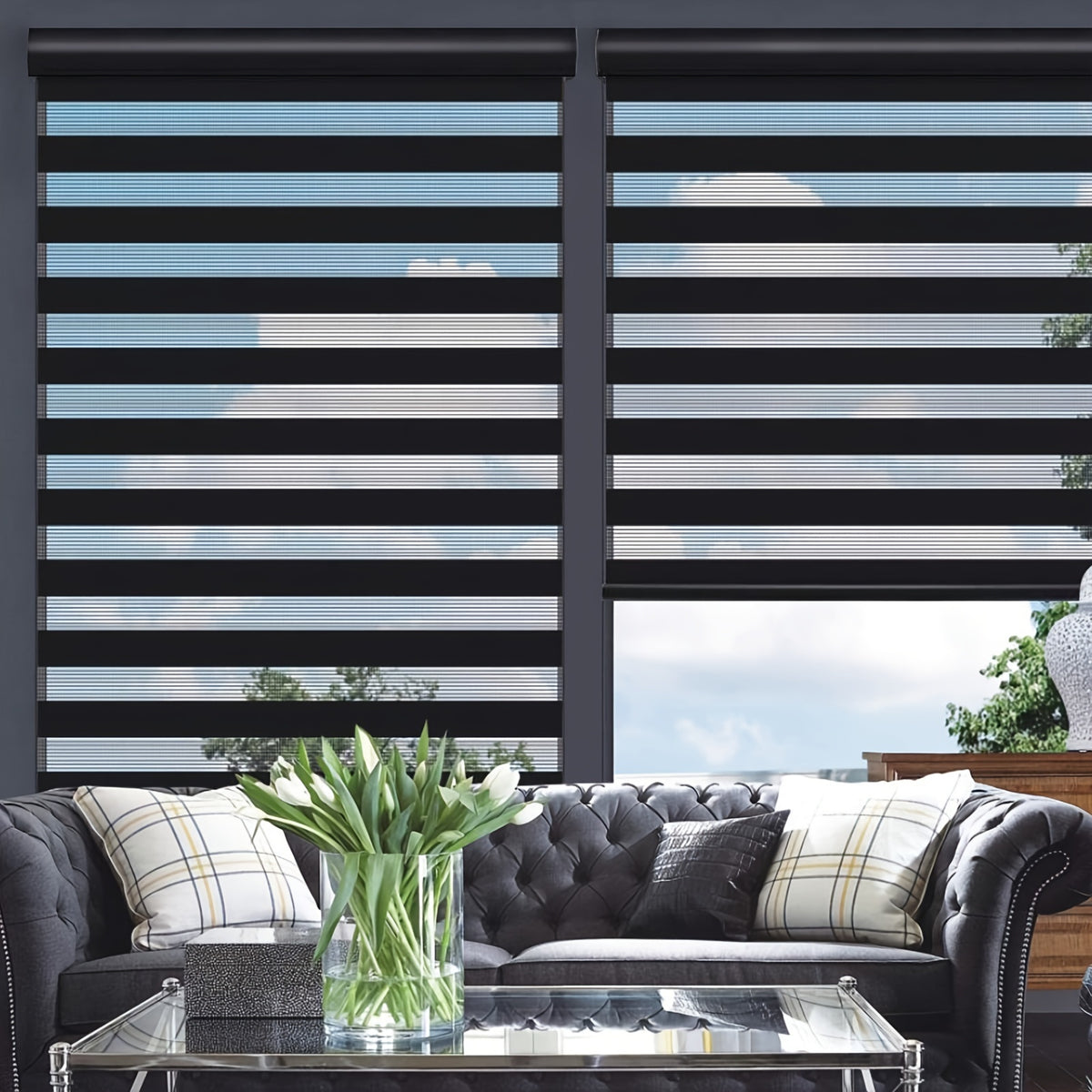 Cordless Zebra Roller Shade with Valance | Double Layer Day & Night Window Blind | Light Filtering & Room Darkening Window Treatment, Beige, Grey, White, Black