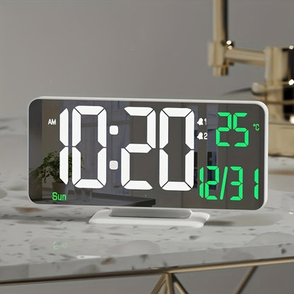 Digital Alarm Clock LED Mirror Display 6.7 Inch – Dual Alarm with Seconds Date Week 12/24H, Dimmable Bedside Desk Clock for Bedroom Living Room Office, Modern White Mirror Design