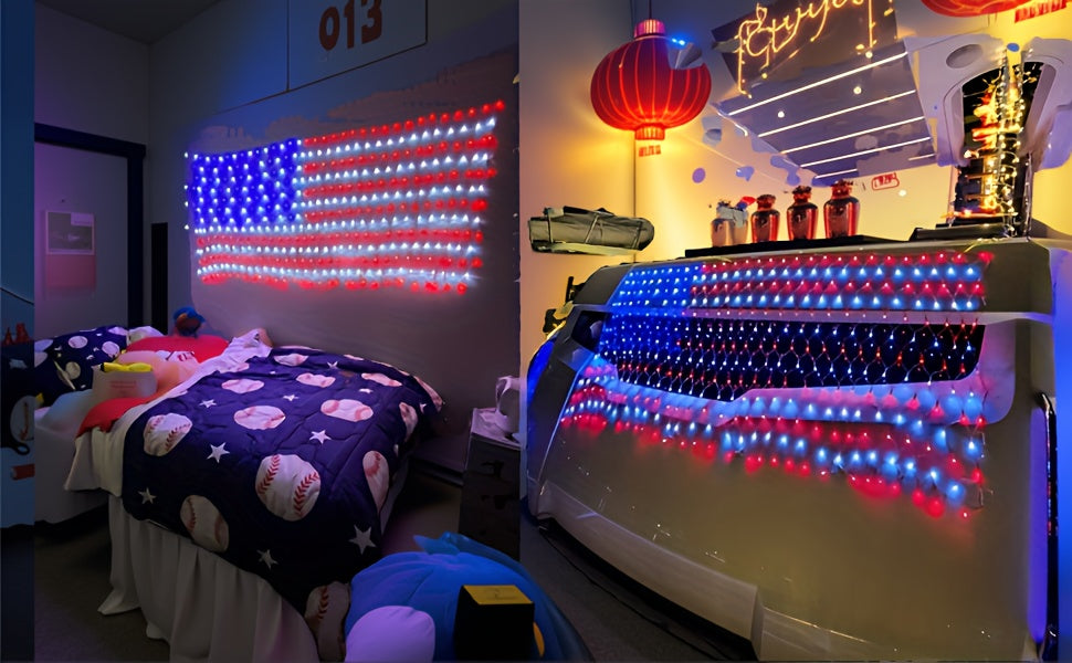 American Flag LED Net Light 420 LED String Lights 4th of July Decorations Independence Day Memorial Day Patriotic Outdoor Yard Garden Plug In 6.6x3.3FT