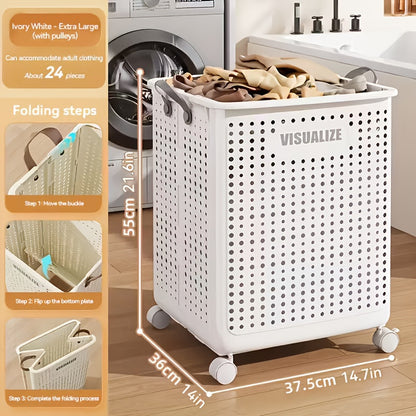 Foldable Laundry Basket with Wheels Large Capacity – Plastic Collapsible Wheeled Hamper for Bathroom, Balcony & Small Apartment, Portable Rolling Laundry Bin in Cream & White