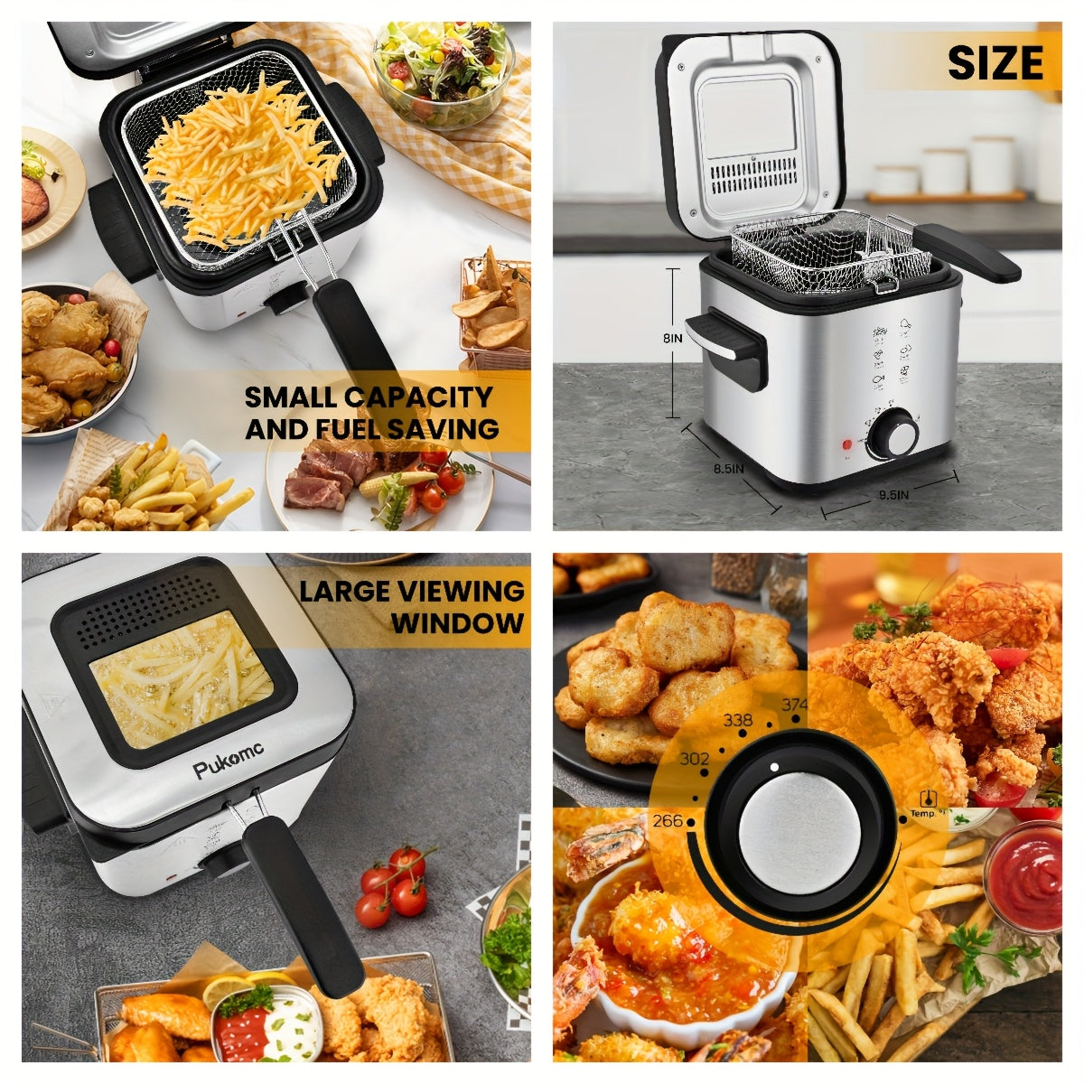 Home Deep Fryer with Basket Stainless Steel – 1.5L 2.5L 3L 6L Oil Fryer Adjustable Temperature 266–374°F Viewing Window Lid Cool-Touch Handle Easy Clean Kitchen Cooking Appliance