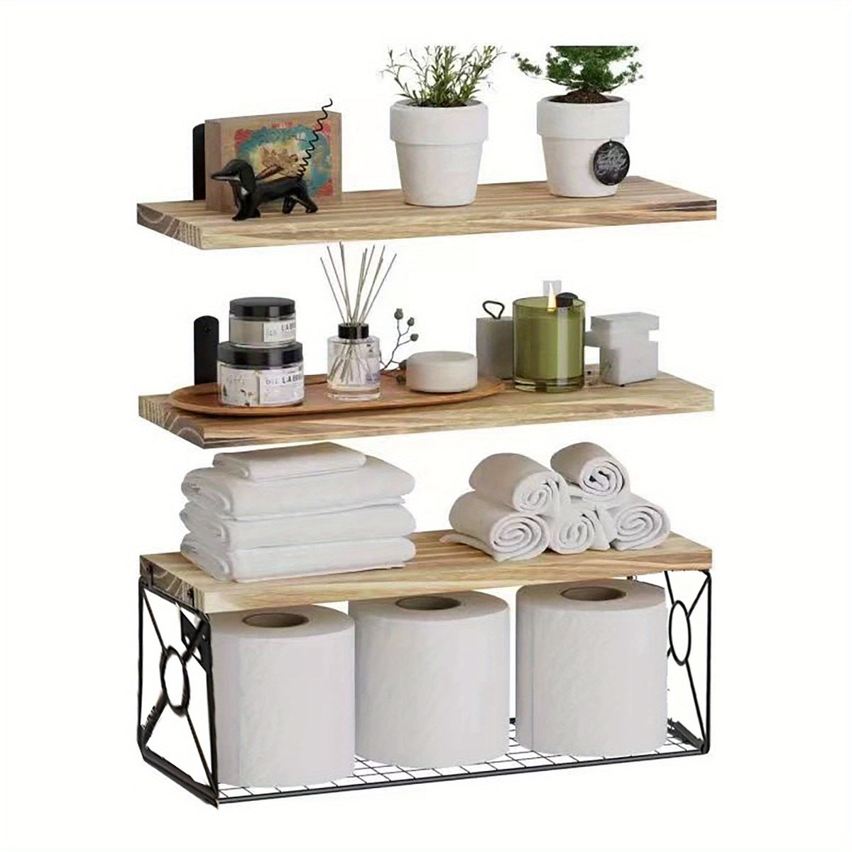 Floating Shelves Over Toilet 3 Piece Set | Wall Mounted Bathroom Storage Shelf with Toilet Paper Holder, Farmhouse Wood & Metal Organizer, Black & Brown