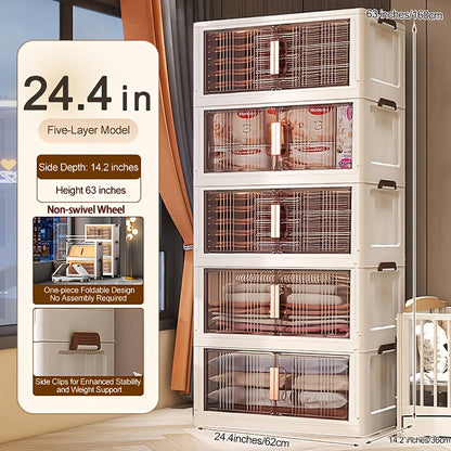 Folding Storage Cabinet with Wheels & Lids – 3/4/5-Tier Extra Large Stackable Plastic Storage Bins Organizer, Translucent Magnetic Doors, for Home, Office, Kitchen, Bathroom, Garage
