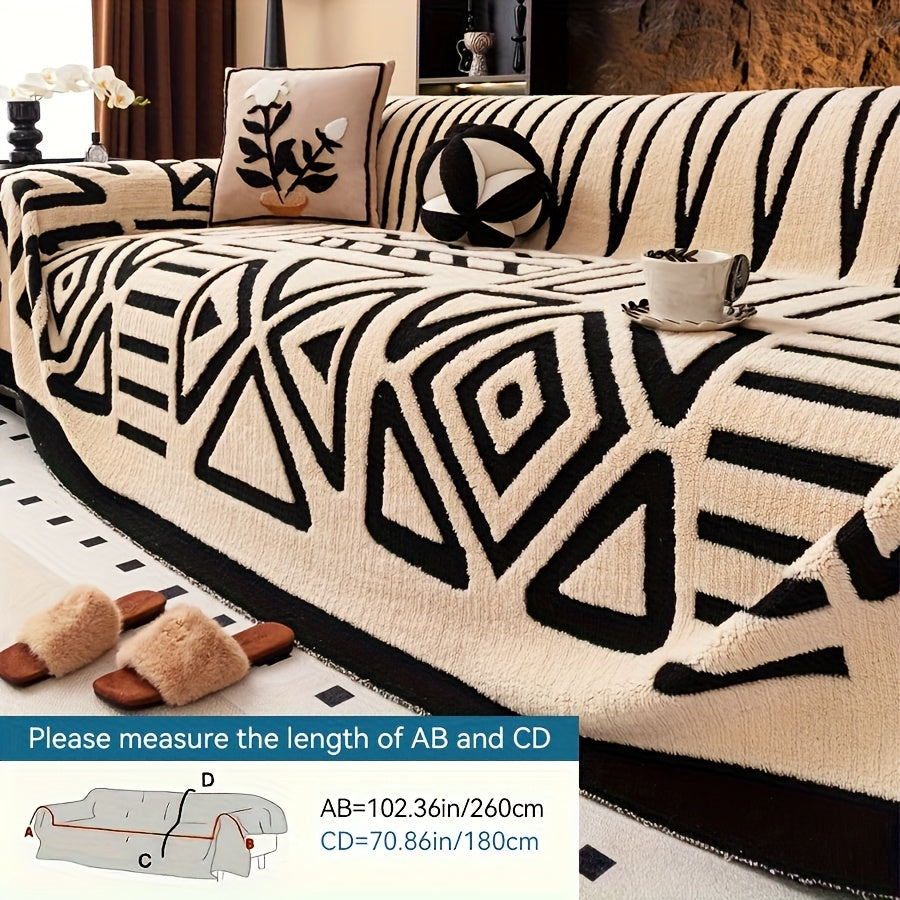 Sofa Cover Couch Protector Bohemian Retro Woven Velvet Throw Blanket – Pet Friendly Slip Resistant Machine Washable Soft Plush Slipcover for Armchair Loveseat 3 4 Seater Sectional Sofa White Grey Dark Gray