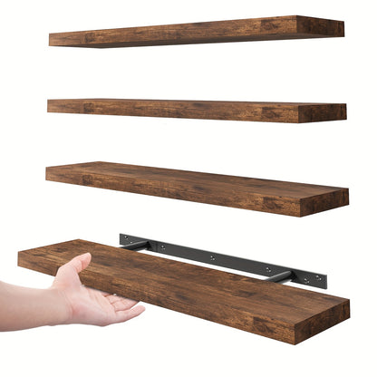 Invisible Bracket Floating Shelves 4 Pack 22 Inch Wall Mounted Wood Shelf for Bathroom Bedroom Living Room Kitchen Decor, Sturdy Wall Shelves Set with Hidden Brackets Walnut Light Brown White Black