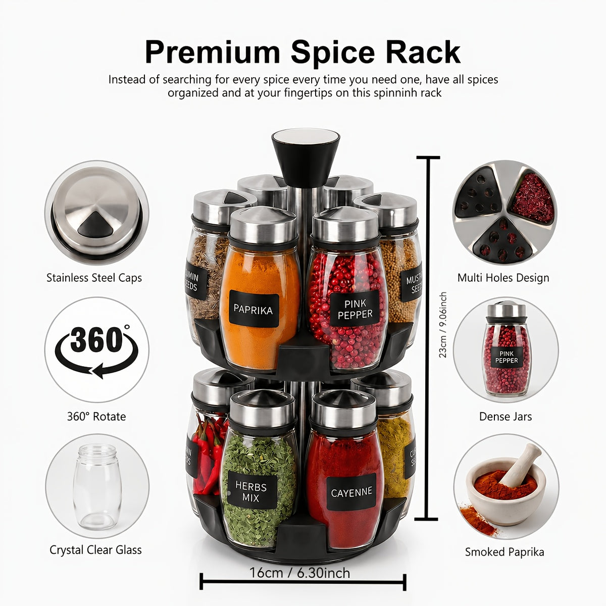 Glass Spice Jar Set with Rotating Stainless Steel Rack – 6 or 12 Piece Food Grade Glass Spice Bottles with 360° Spinning Rack for Kitchen Counter & Cabinet, Pantry Organization