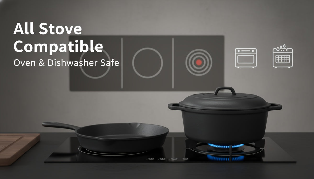 Cast Iron Cookware Set for Kitchen & Camping, Non-Stick Skillets Dutch Oven Griddle & Pizza Pan, Works on Induction & Open Fire, Even Heat Distribution, 500°F Oven Safe, BBQ & Outdoor Cooking