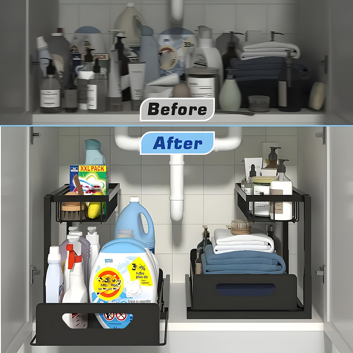 Under Sink Organizer 2-Tier Pull-Out Cabinet Storage with Metal Sliding Drawers – Kitchen Bathroom Countertop Tabletop Organizer Rack, Space-Saving Push-Pull Shelf for Kitchen Accessories, 1 or 2 Pack