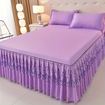 Macrame Bed Skirt Set 3 Piece with Pillowcases – Double Layer Lace Non-Slip Bedding for Twin Full Queen King, All Seasons, Red Grey Navy Purple