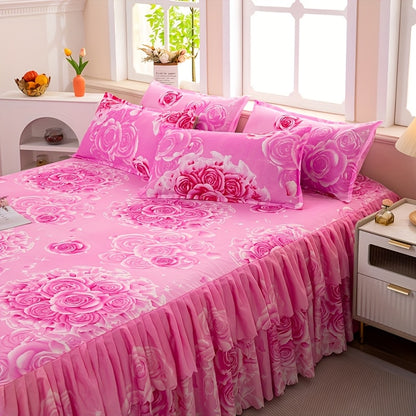 Bed Skirt Set 3-Piece with 2 Pillowcases, Double-Layered Hem Floral Peony & Plant Design, Dust-Proof Mattress Cover Bed Sheet, Machine Washable – Twin Full Queen, 5 Color Options